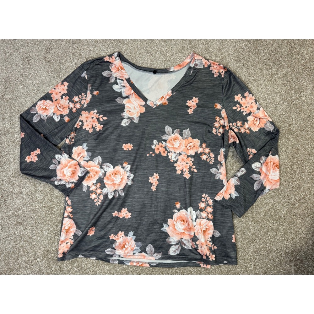 Floral V-Neck Long Sleeve Top Charcoal Gray Peach XXL Stretch Casual Blouse